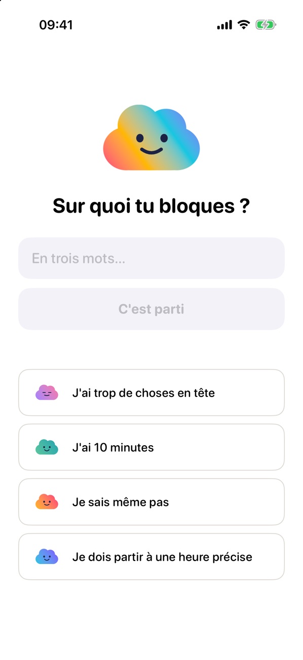 L'accueil de l'app : le nuage, la question « Sur quoi tu bloques ?», un champ de saisie et quatre autres entrées.